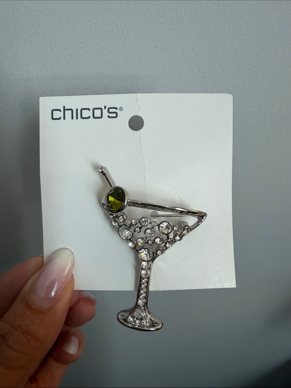 Chico's Silver Crystal Martini Glass Brooch with Green Olive